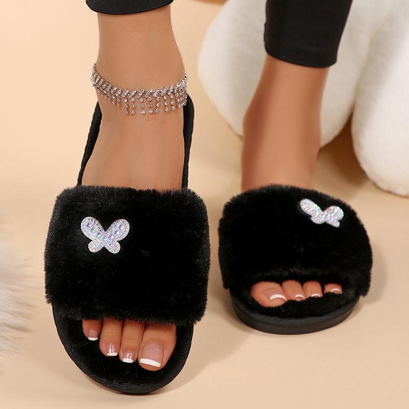 Fashion Crystal Butterfly Decor Fur Slippers for Women Cozy Flat Heels Plush Indoor Slippers Woman Open Toe Non Slip Fluffy House Shoes