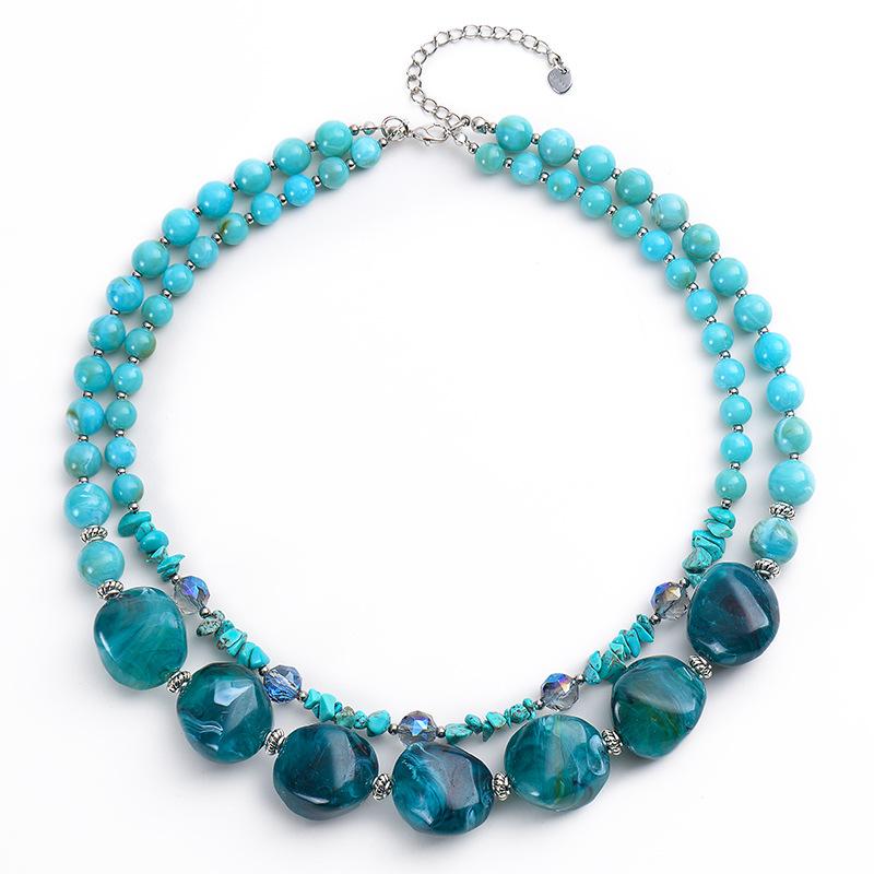 Summer Bohemian turquoise necklace, beach vacation party acrylic bead, multi-layer necklace for women