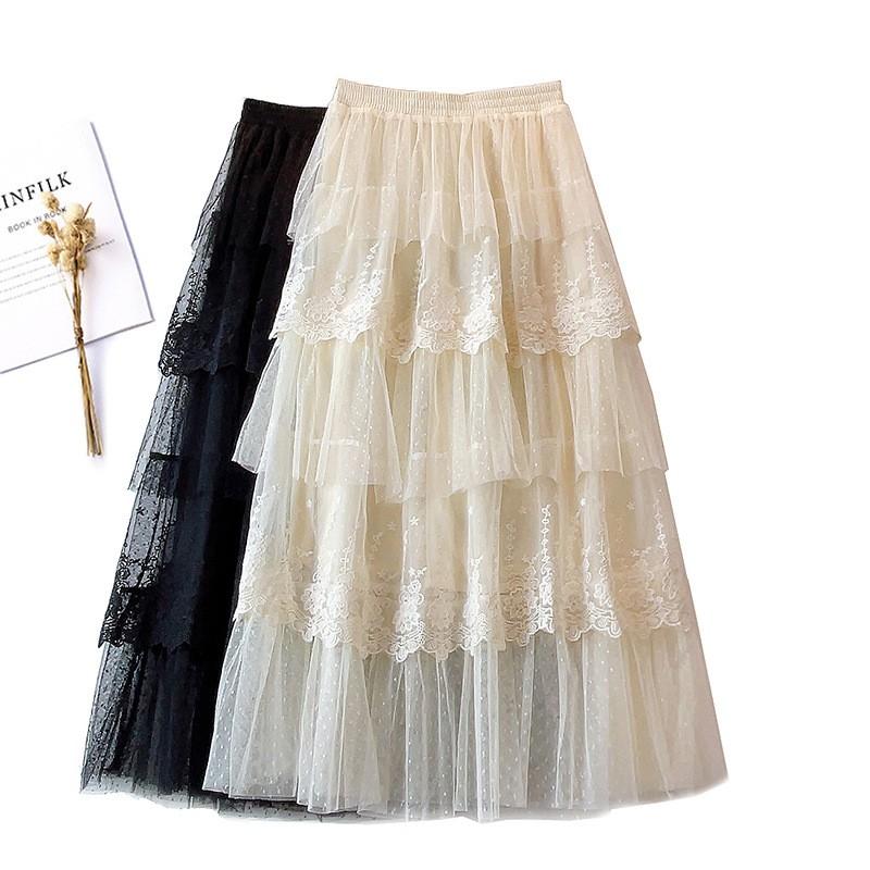 Women's Summer French Lace Patchwork Midi Skirt with Embroidery