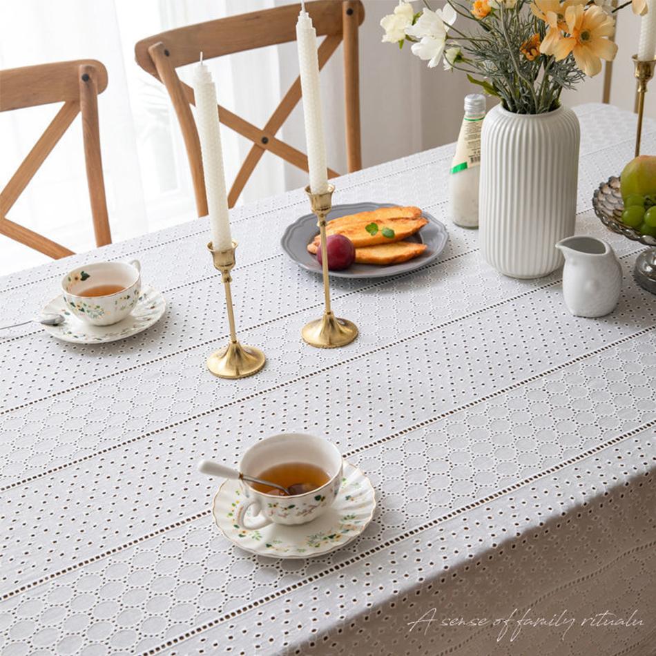 Cotton French Embroidery White Tablecloth,Tea Table Decoration,Rectangle Table Cover For Kitchen Wedding Dining Room