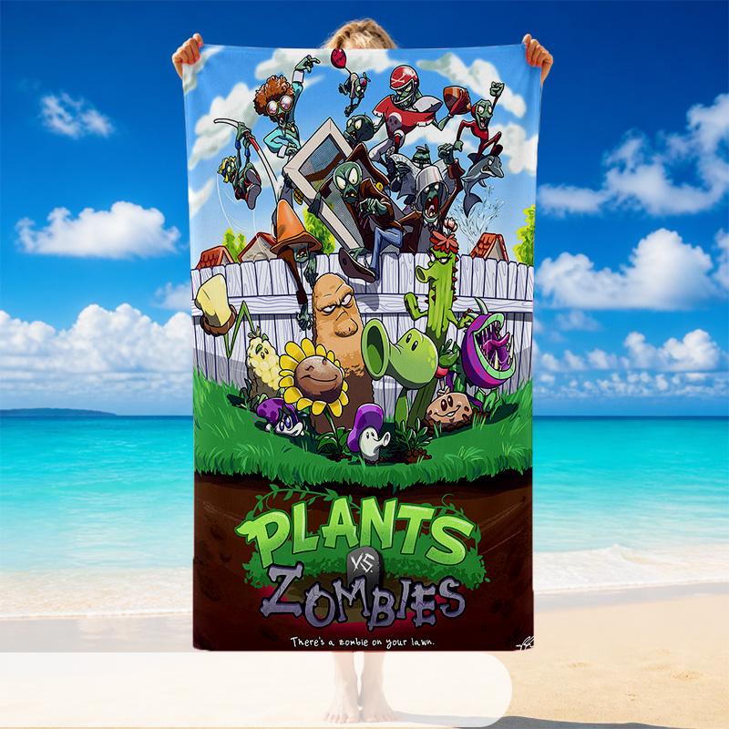 Quick Dry Beach Towel Plants Vs. Zombies Pattern, Lightweight Absorbent Towel for Pool Beach Vacation Use