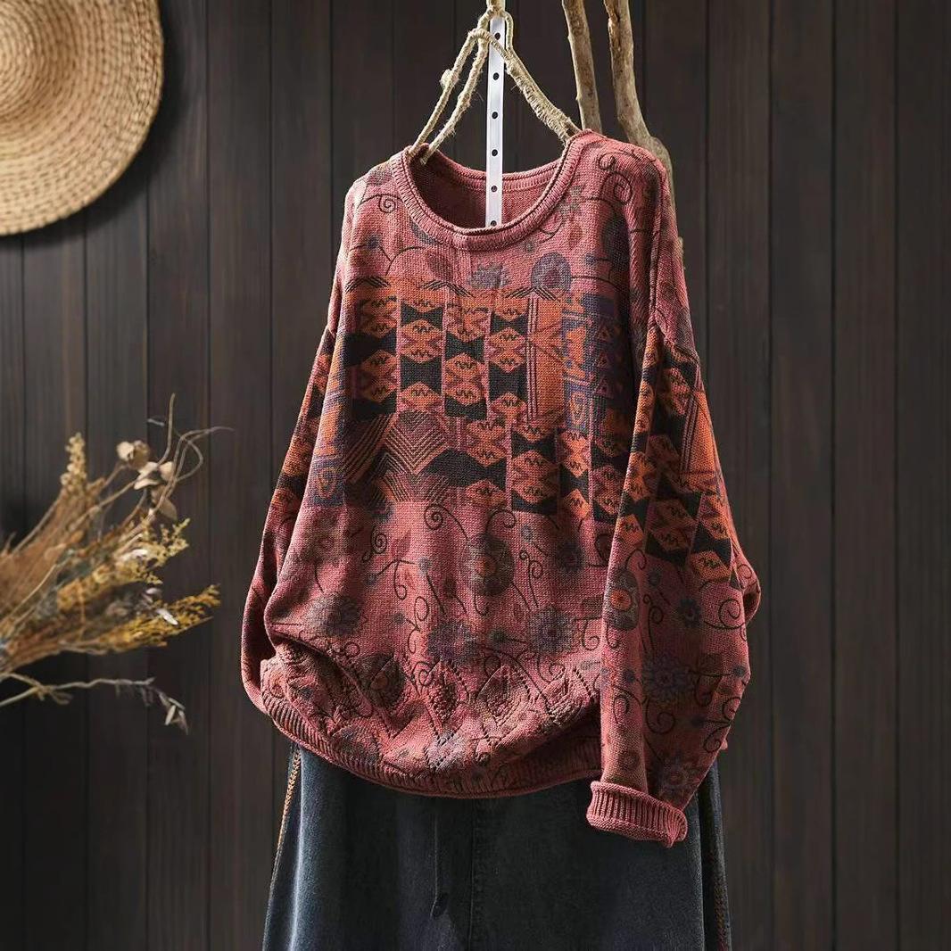 

Vintage Printing Patchwork Sweater for Women Winter Fall Fashion O-neck Long Sleeve Loose Casual Pullover Knitting Pullover Tops One Size