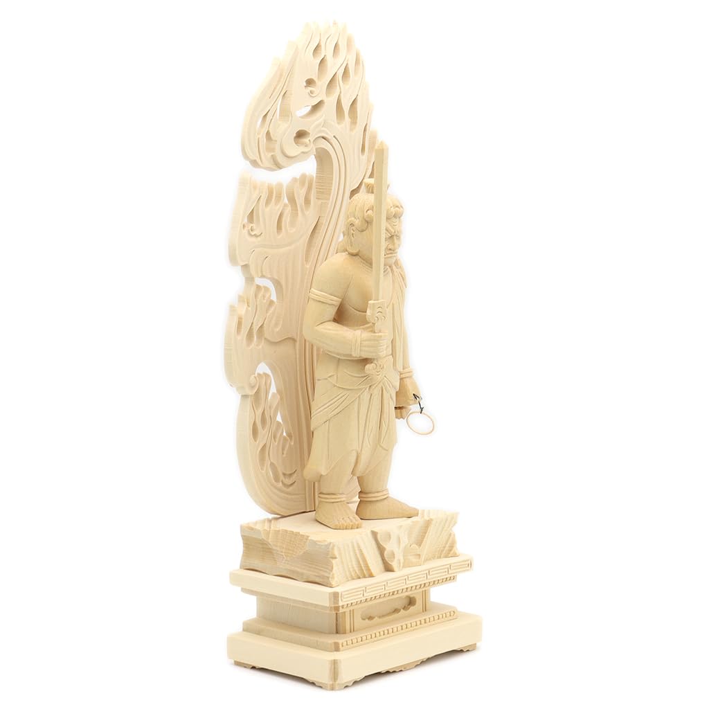 Special Buddhist Statue Standing Acala inches height width 12 depth Cypress Wood Carving with Flame Halo and Square Rock 1129 Kurita's [Myo-o] Statue,