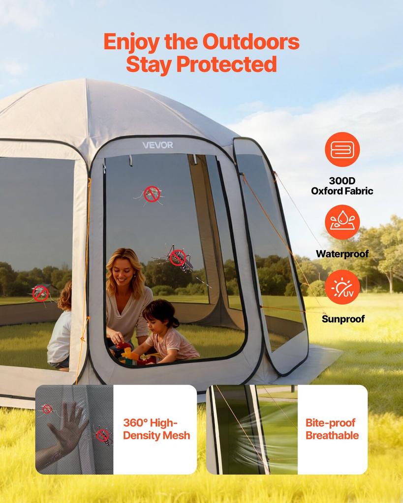 Screen House Tent, 3660 x 3380 x 2300 mm, 10-12 Person Pop Up Screen Tent, Portable Screened in Canopy with Carry Bag, Netting Sides, Ground Stakes,