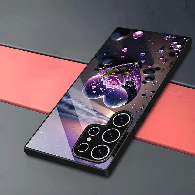 Heart Crystal Rose Sea Pattern Tempered Glass Phone Case For iPhone 17 16 15 14 13 12 11 Pro Max 17 Air 7 8 Plus XR XS X Cover