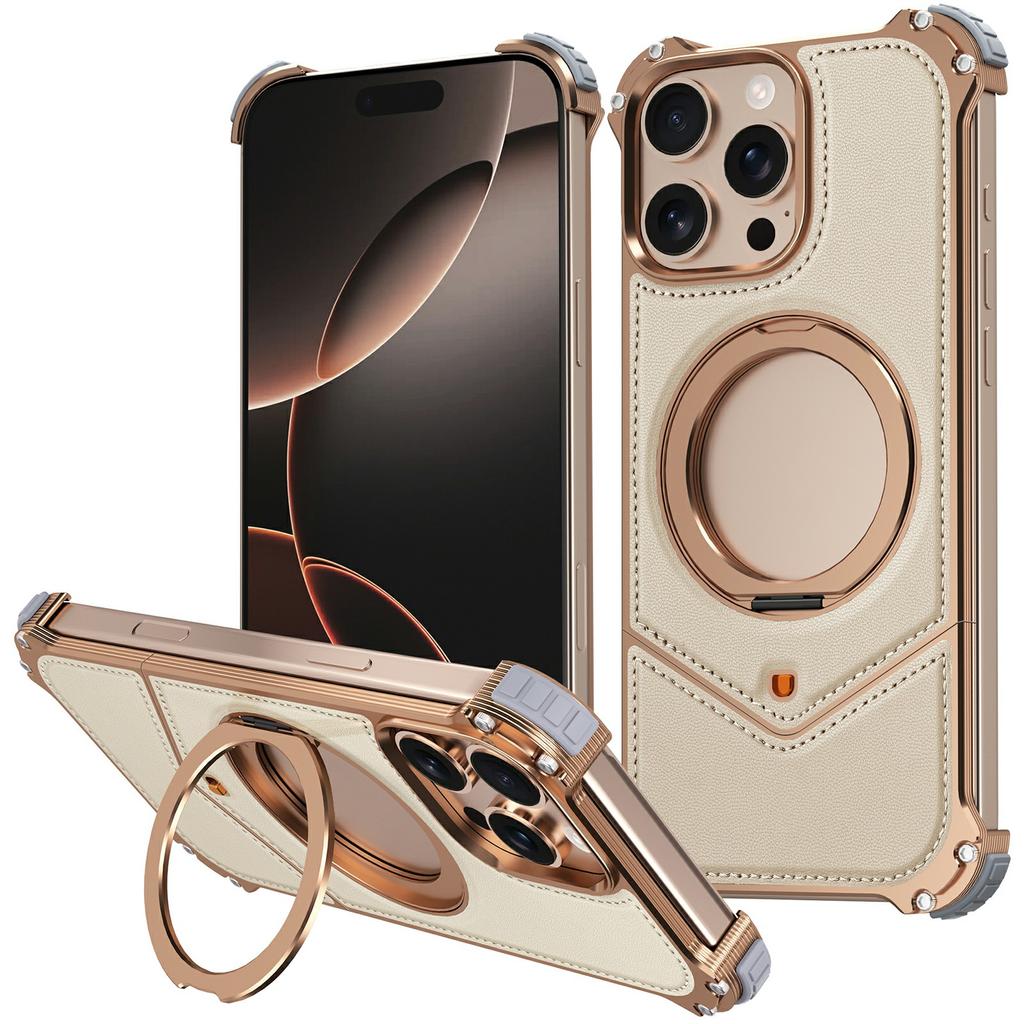 For iPhone 16 Pro Case PU Covered Metal Boardless Phone Back Cover with Kickstand
