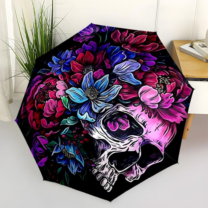 1pc Floral Skull Design Automatic Open/close Folding Umbrella, Compact Portable Travel Umbrella,Cute Umbrella, Durable Construction yy250804074