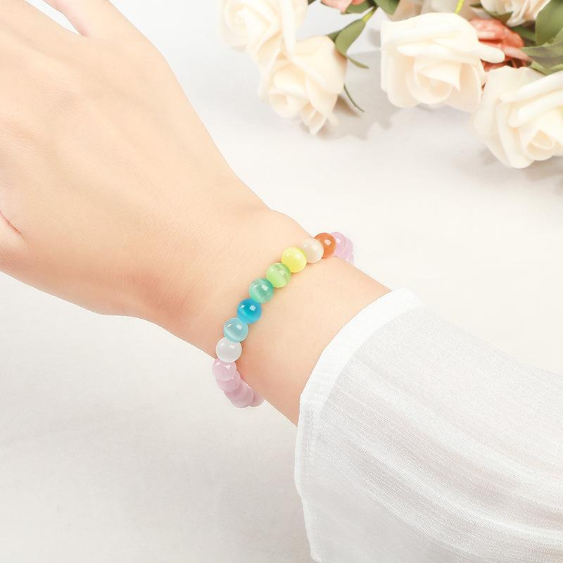 Rainbow Cat Eye Bracelet Natural Stone Beads Stretch Bracelet for Women Crystal Chakra Jewelry
