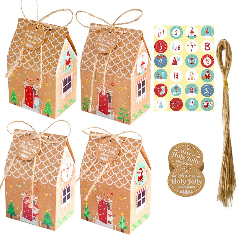 Christmas Gingerbread House Candy Box Christmas Arrival Calendar Kraft Paper Packaging Box Gift Small Paper Box 24 Sets
