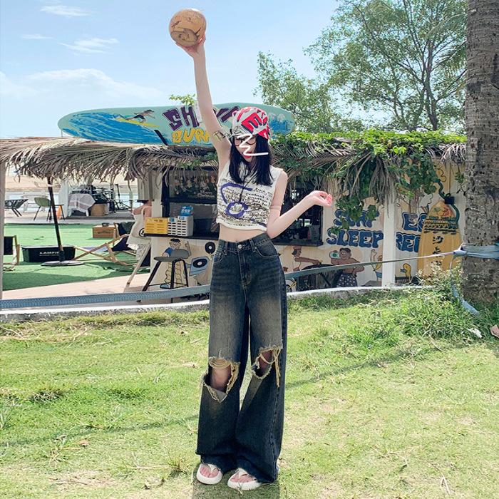 

Уличные весенние и летние свободные сложенные рваные джинсы Cat Whisker в пол для женщин XL