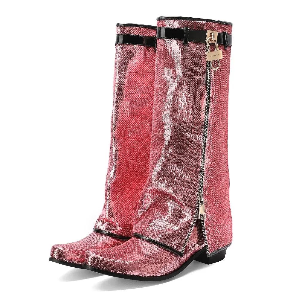 Lesklé flitrované látkové kozačky nad koleno s ohrnutým horním lemem Dámské s blokovým podpatkem Růžovo-zlaté Párty Kulatá špička Zámek Pásek Zip Bling Dlouhé kozačky k sukni