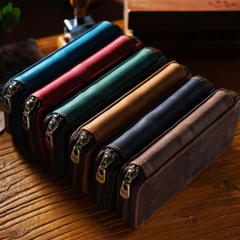 Hard Shell Leather Pencil Case Zipper Pen Case 3 Pen Slots Large Compartment