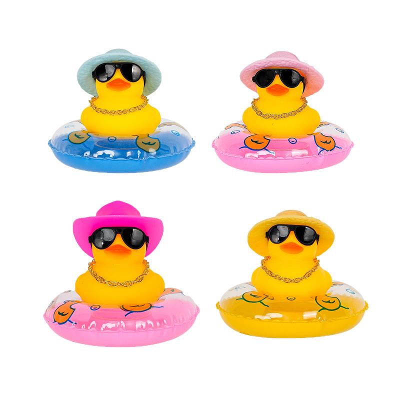 Car Duck Car Rubber Dashboard Decorations Ornament Yellow Rubber Duck with Mini Swim Ring Sun Cowboy Hat Necklace