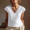 Top Estivi da Donna Tinta Unita Scollo a V con Pizzo Manica Corta Ampio Camicie in Cotone