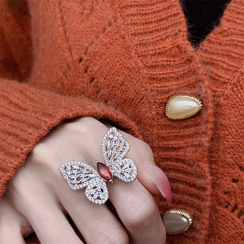 High Fashion Ruby-Colored Butterfly Ring with Luxury Diamond Inlay Adjustable Open