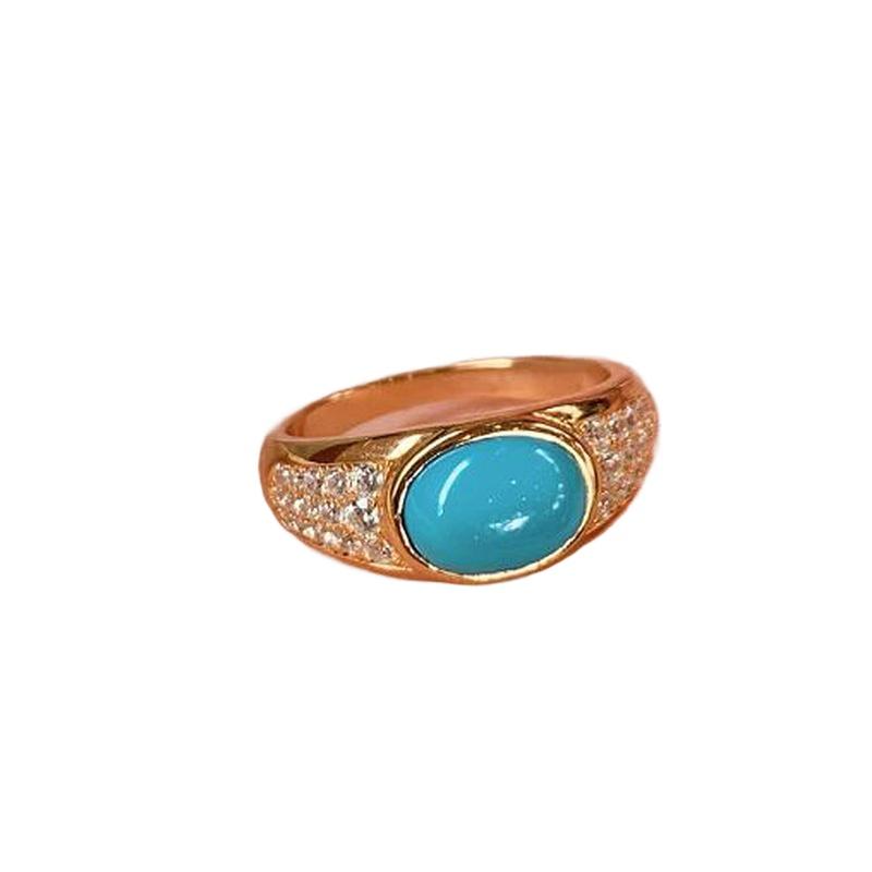 Charm Diamond Inlaid Retro Rings for Women New In Oval Turquoise Ring Adjustable Opening Simple Suitable for Daily Jewelry Gifts
