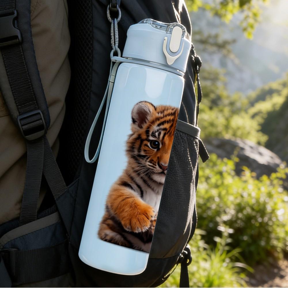 1PC Realistic Tiger Cub Animal Print 750ml Color Plastic Sports Water Bottle Leakproof Flip Straw Lid Suitable for Sports Office Home Use