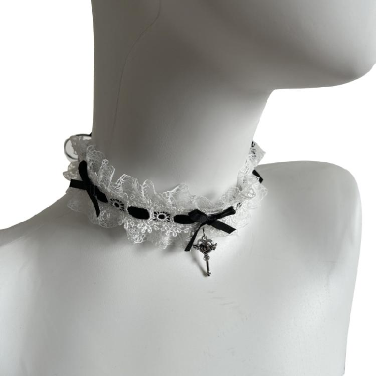 Чокер с Бантом и Кружевной Отделкой, Ожерелье-Чокер с Подвеской в Виде Сердца, Крыла, Ключа, Регулируемый Кружевной Чокер для Женщин, Свадебная Вечеринка чёрный