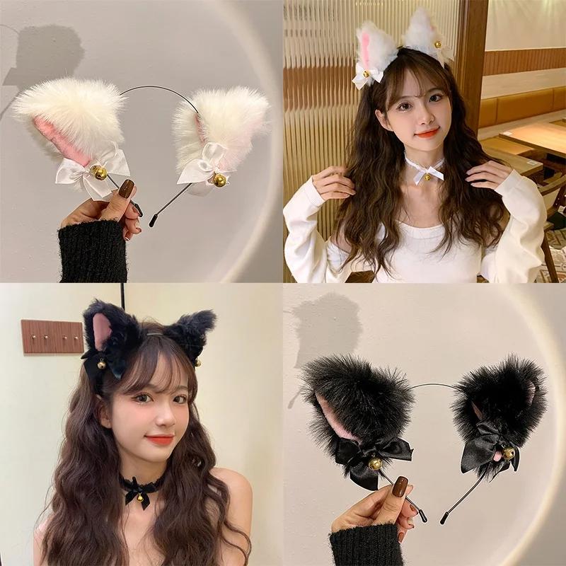Fashion Fox Cat Ear Hair Band Popular Plush Cat Ear Headband Black White Soft Hairband With Bells Party Cosplay Hair Accessories