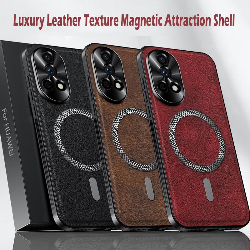 Luxury PU Leather Case For Huawei Nova 12 Ultra 12 11 10 9 8 7 Pro Magsafe Magnetic Metal Ring Lens Protection Shockproof Cover