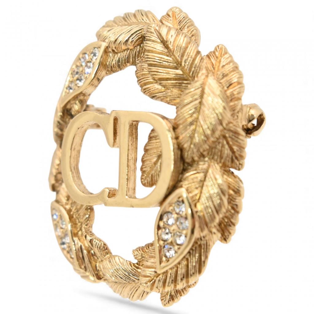 Auth DIOR Pave Leaf CD Logo Brooch Gold-Tone Metal Rhinestone Di4610bf