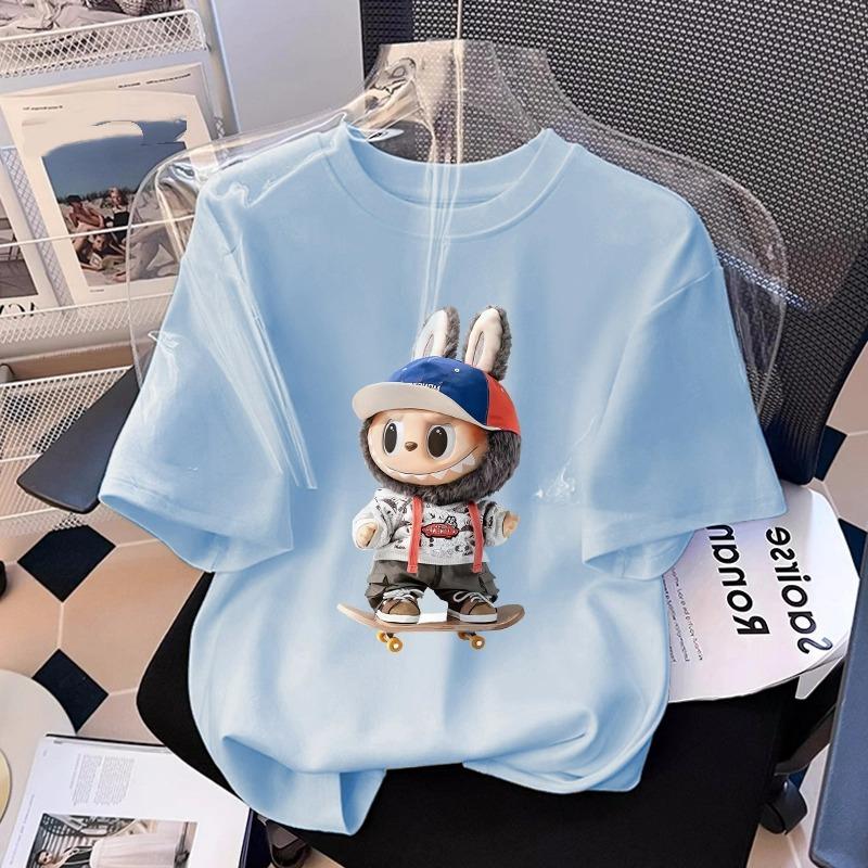 

Футболка с принтом мультяшного эльфа-монстра Лабубу, летняя, мужская и женская, повседневная, с короткими рукавами, топ для мальчика и девочки 120