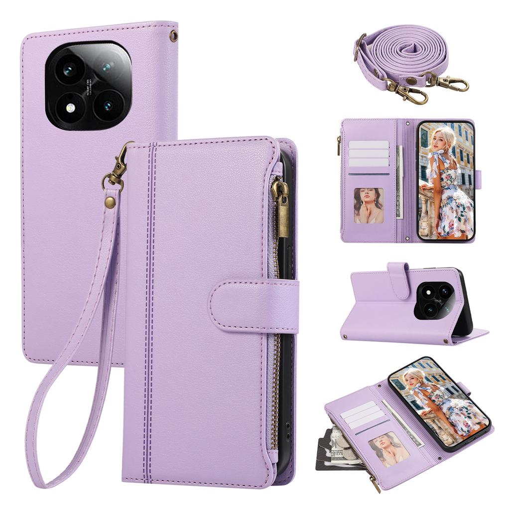 Phone Case For Xiaomi Redmi Note 14 Pro 5G/Note 14 Pro+ 5G/Poco X7 5G , Multi Card Slots Zipper Leather Cover with Shoulder Strap/Wrist Strap