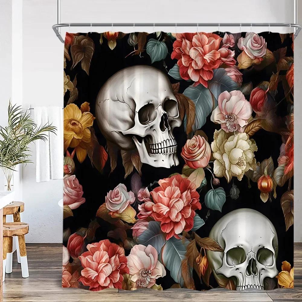 Skull Halloween Shower Curtain Scary Skull Flower Ghost Pumpkin Happy Bathroom Decoration Retro Shower Curtain