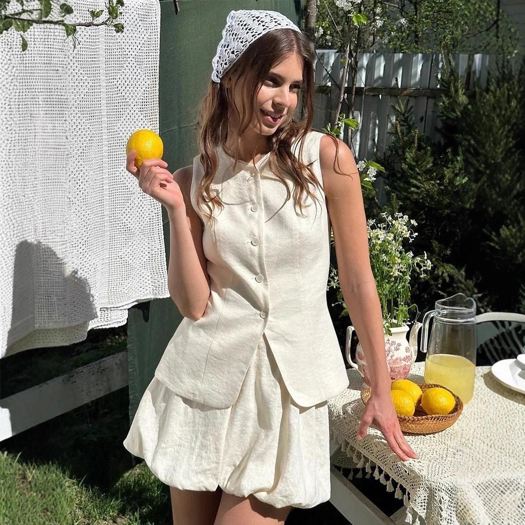 Summer Sweet Elegant Waistcoat +Mini Skirt Two Piece Set, Casual European American Style Outfit