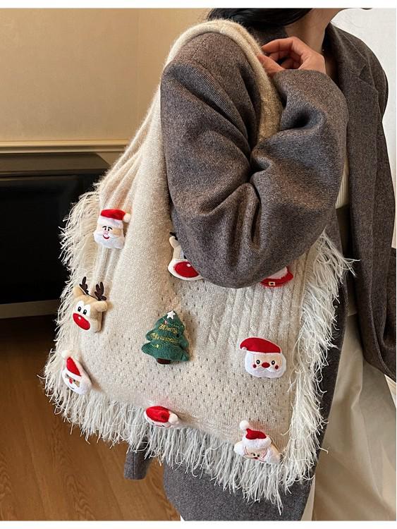 Wolle Gestrickte Retro Cartoon Umhängetasche - Große Kapazität Herbst/Winter Mode für Frauen & Mädchen