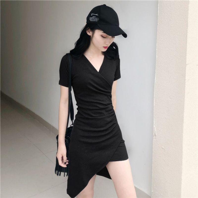 

Fashion Platycodon Grandiflorum Sexy Temperament Slimming V-Neckline Dress Black XL (55.00 kg-60.00 kg