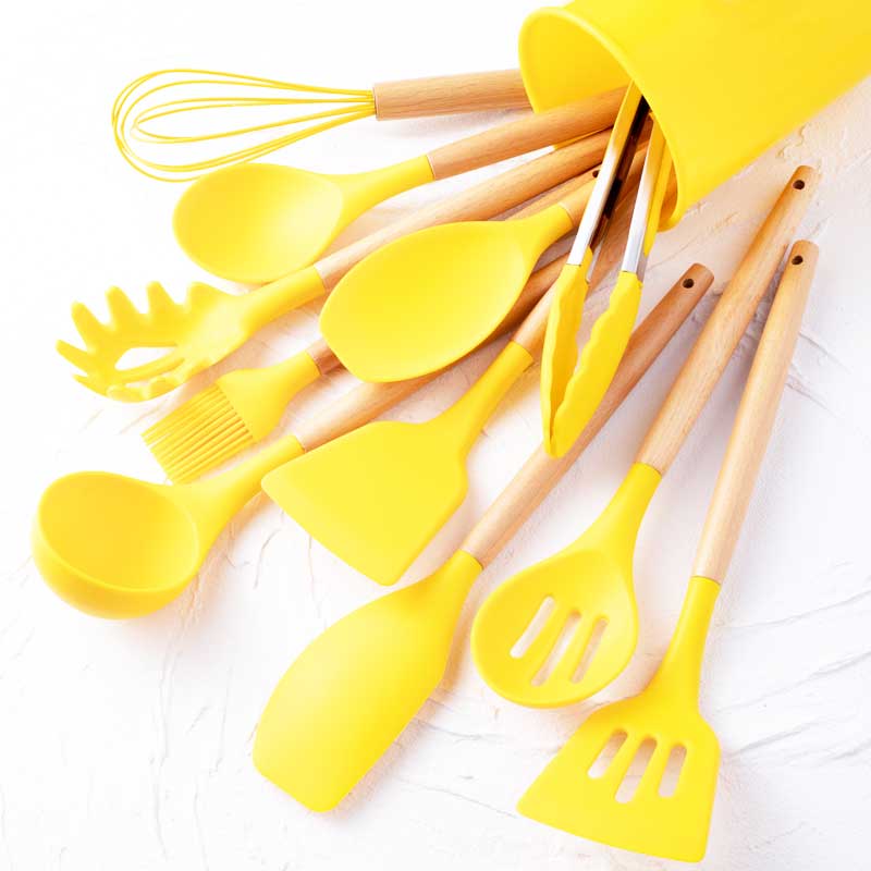 12pcs, Silicone Utensil Set, Khaki Kitchen Utensil Set With Wooden Handle, Safety Cooking Utensils Set, Non-Stick Kitchen Tools