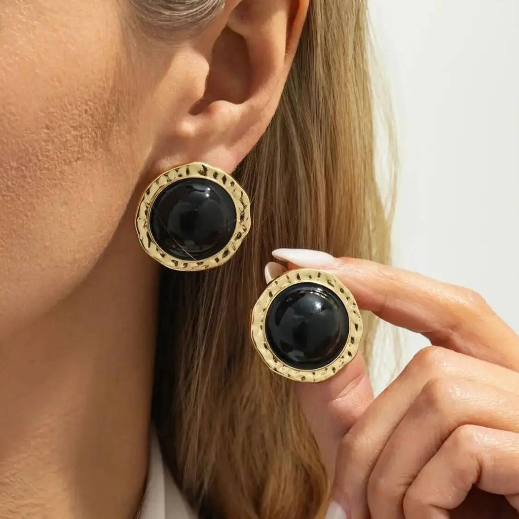 Ingemark Vintage Black Acrylic Resin Alloy Stud Earrings for Women New Trendy Geometric Round Piercing Earrings Bohemian Jewelry