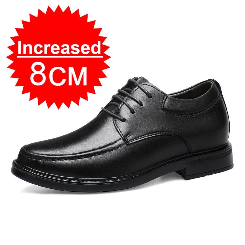 Men'S Invisible Height‑Increasing Leather Shoes 6‑8cm Black Lace‑Up Business Formal Shoes Men'S Genuine Leather Elevator Footwea