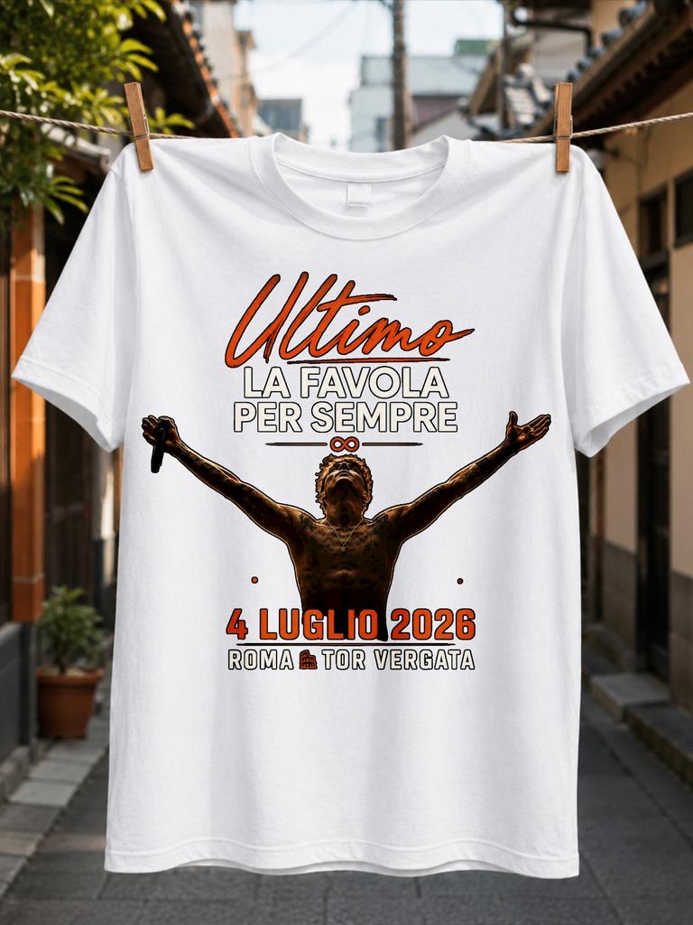 Ultimo Concert With Singer Silhouette Open Arms Microphone Orange Text Rome Tor Vergata July 4 2026 Unisex All TShirt