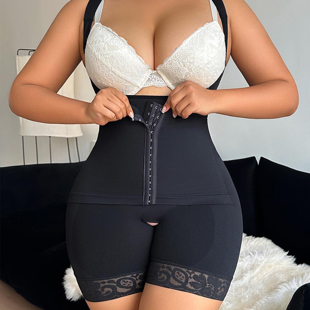 Eigenmarke Schwarzer Spitzenbesatz Hohe Taille Haken und Ösen Offener Schritt Nahtlose Nylon Formwäsche Bauchkontrolle Taillenformer 3 XL white