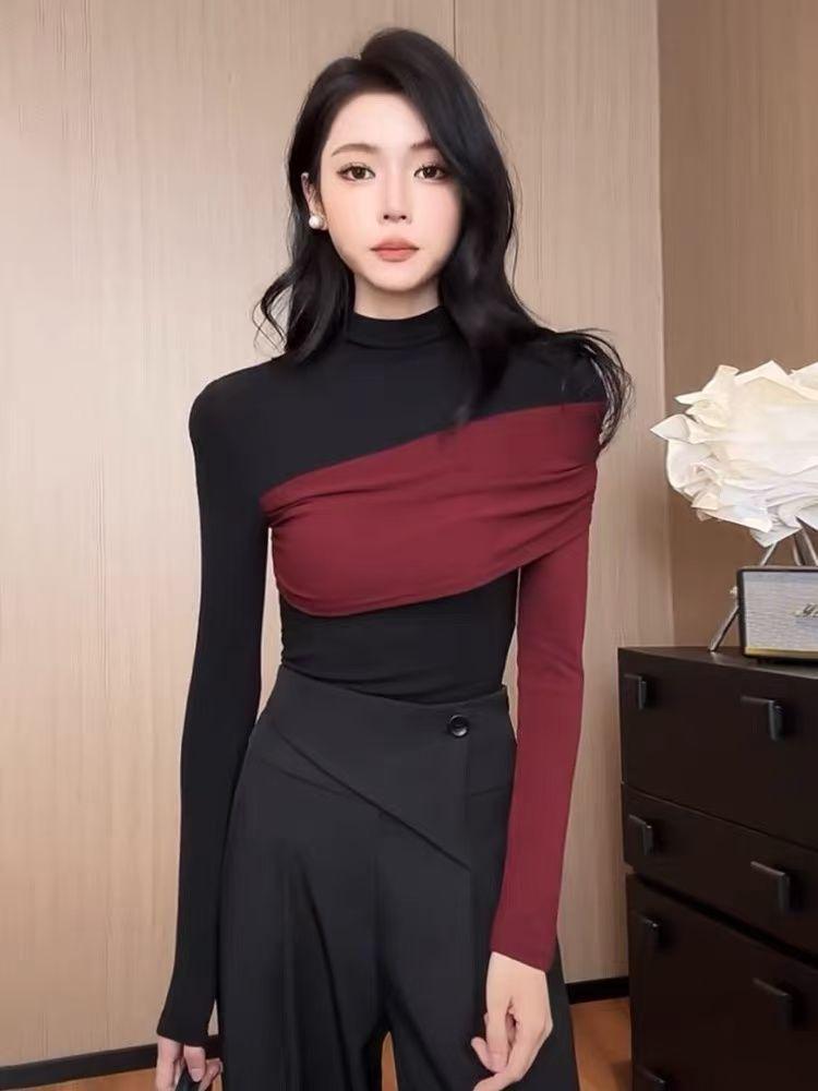 Korean Style Color Block Turtleneck Long Sleeve Women's Top - 2025 Autumn/Winter Collection