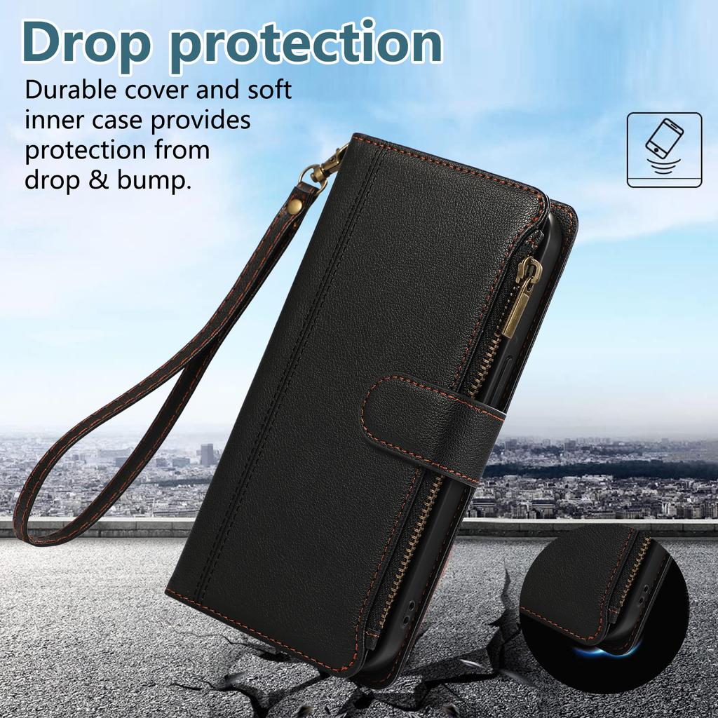 For iPhone 15 Pro Case Multi Card Slots Zipper Leather Phone Cover with Wrist Strap