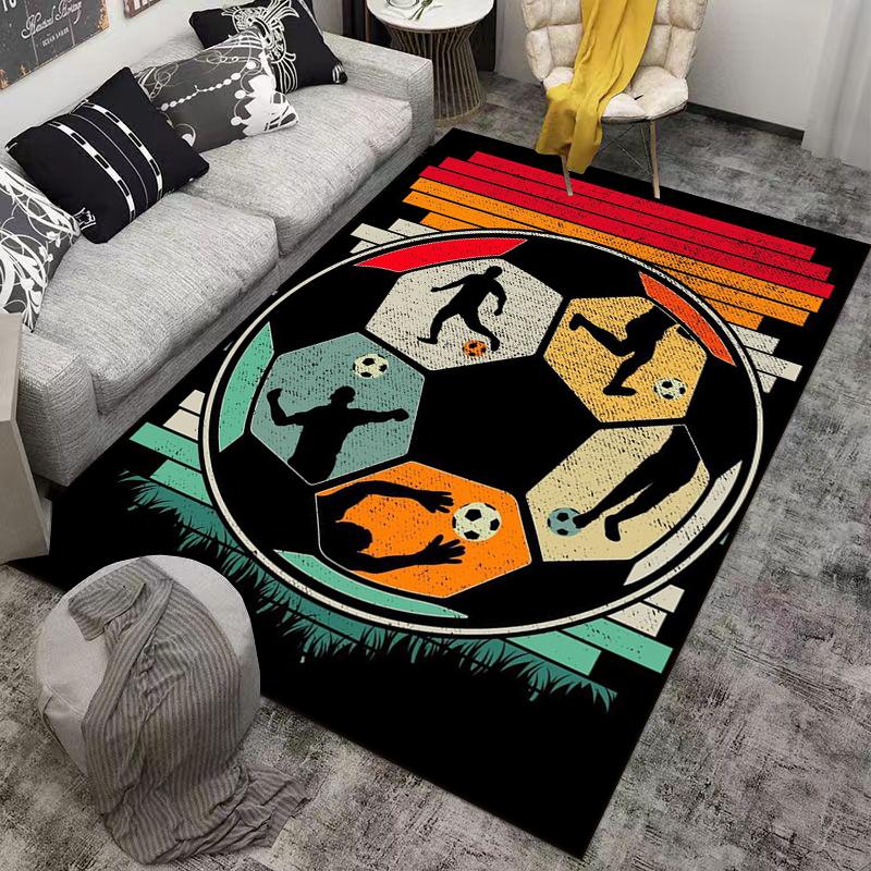 Soccer Ball Pattern Carpet with Player Silhouettes and Retro Design Suitable for use as an anti-slip for living room bedroom sofas