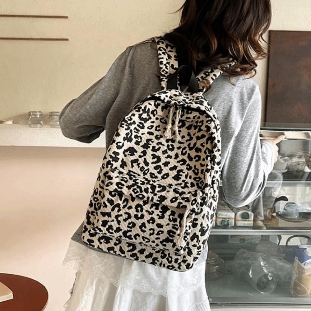 Lightweight Leopard Print Backpack Corduroy Students Daypack Students School Bag Work