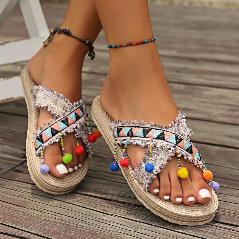 Women's Large Size Tassel Bohemian Style Extra Wear Ethnic Style Shoes Beach Wedge Roman Slippers