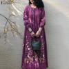 Women Casual Round Neck 3/4 Sleeve Loose Print Long Dress