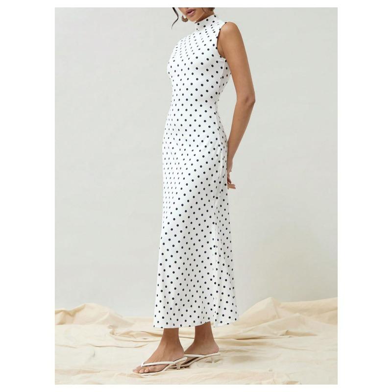 Women's Crew Neck Polka Dot Printed Maxi Dress Vintage Waist Defined