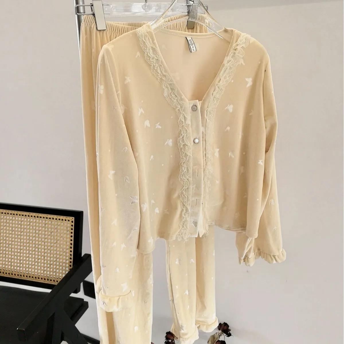 

Женская теплая зимняя пижама, бархатный пижамный комплект, бабочка, жаккардовая домашняя одежда, сексуальные кружевные топы и брюки, бархатная пижама для женщин XL жёлтый