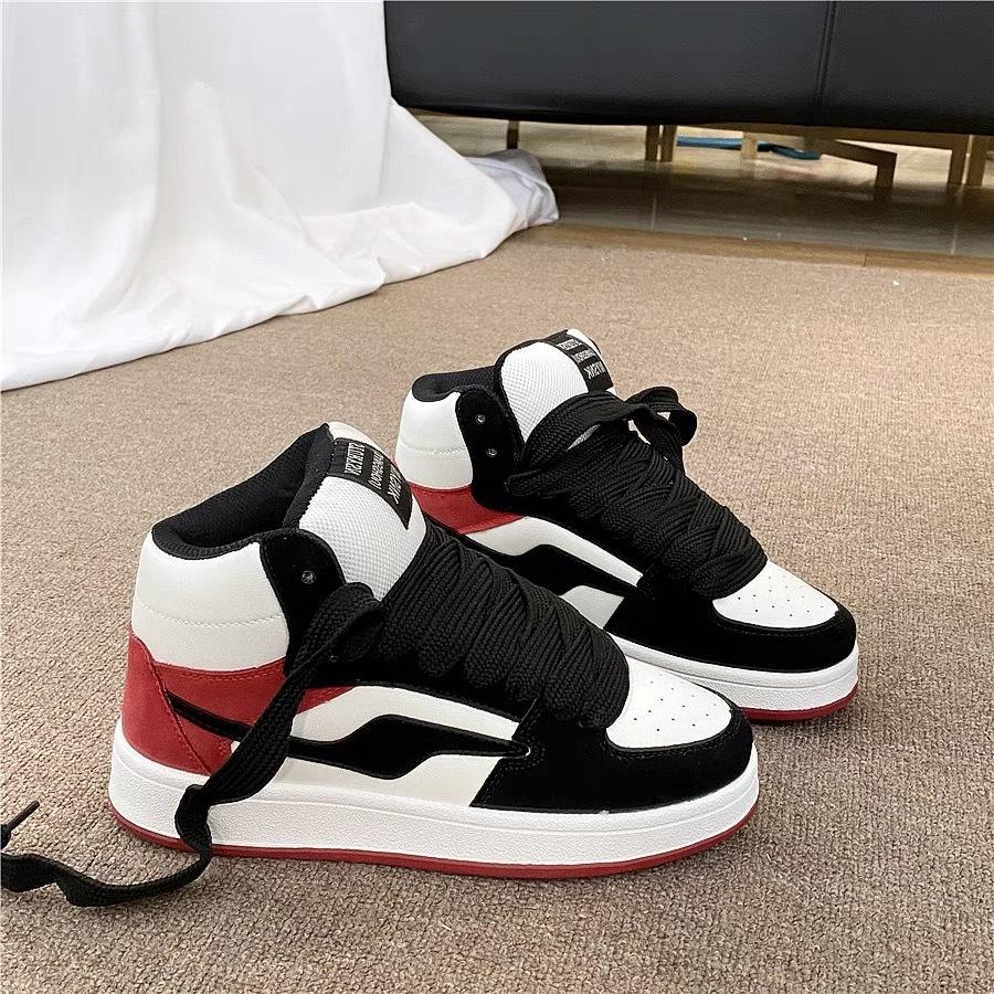 

Hong Kong style color matching high-top board shoes women s ins versatile bread shoes 2025 autumn new sports and leisure white shoes tide 36