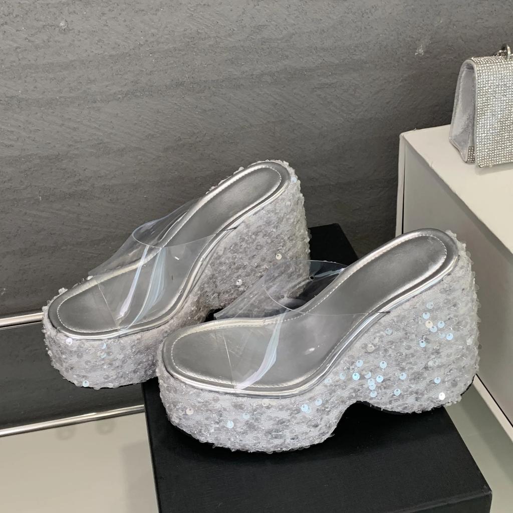 Eilyken PVC Transparen Open Toe Platform Wedges High Heels Women's Slipper Designer Bling Sequin Cloth Banquet Shoes