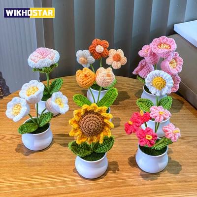 Mini roses en pot tissées à la main, plantes décoratives en pot pour bureau, fil de laine, produit fini, décoration d'intérieur