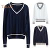 Maglione unisex scollo a V manica lunga coppie uniformi scolastiche vestibilità ampia design color-blocking trama intrecciata stile preppy maglie a maglia