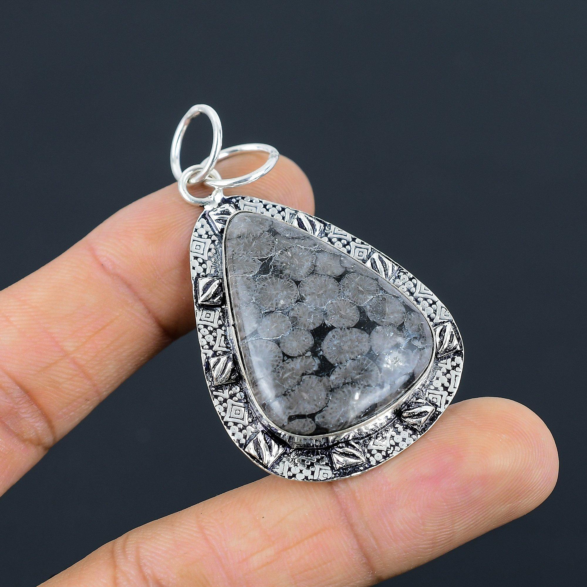

Daughters Day Sale 925 Silver Black Fossil Coral Stone Bezel New Pendant Jewelry