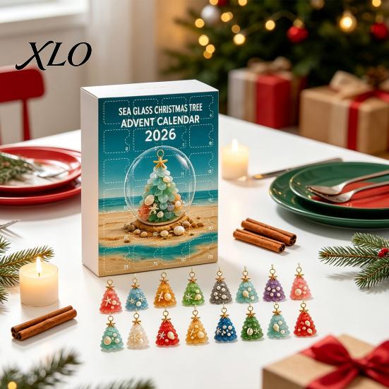 Christmas Tree Collection Gift for Adults 2026 Advent Calendar, Sea Glass 2D Acrylic Ornament Set Coastal Calendar with Hanging String, Holiday